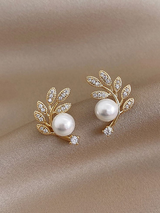 Leaf Pearl Stud Earrings with Gold Finish for Women