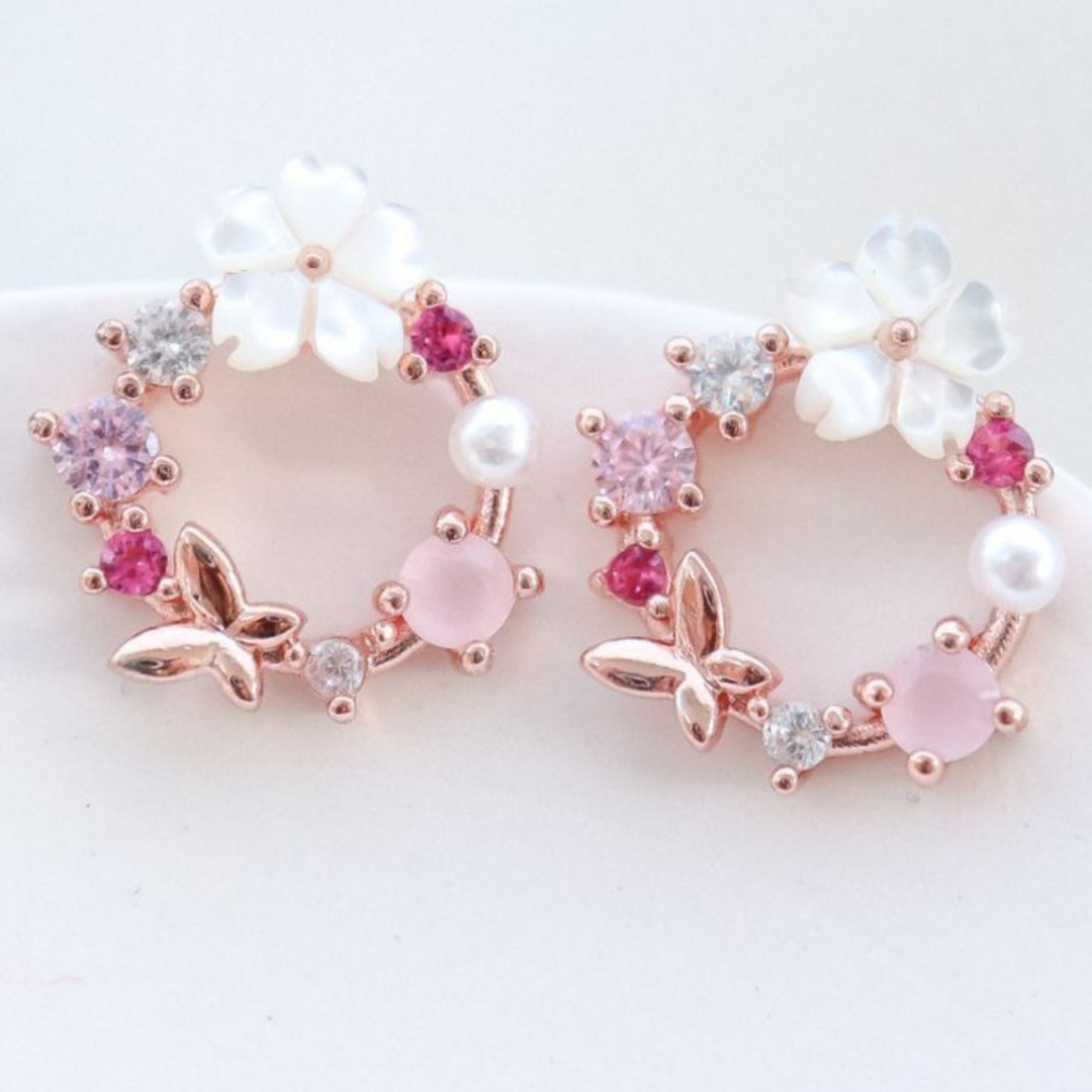 Floral Pearl Butterfly Rose Gold Earrings for women