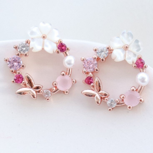 Floral Pearl Butterfly Rose Gold Earrings for women