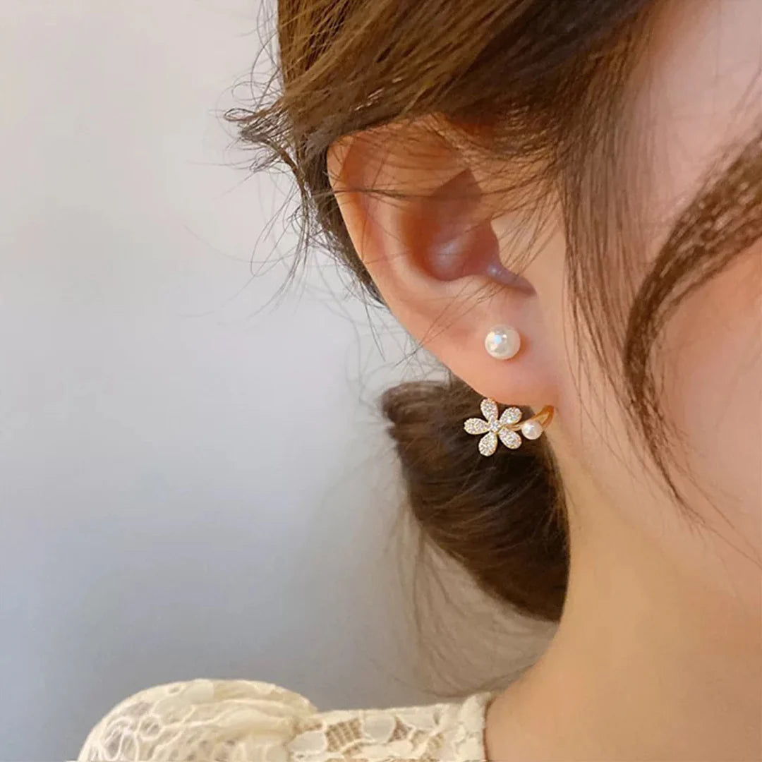 Gold Finish Curved Pearl Flower Stud Earrings