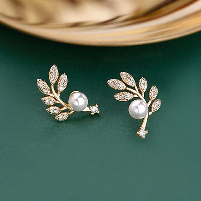 Leaf Pearl Stud Earrings with Gold Finish for Women