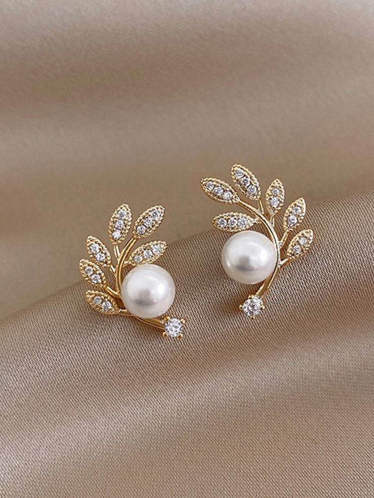 Leaf Pearl Stud Earrings with Gold Finish for Women