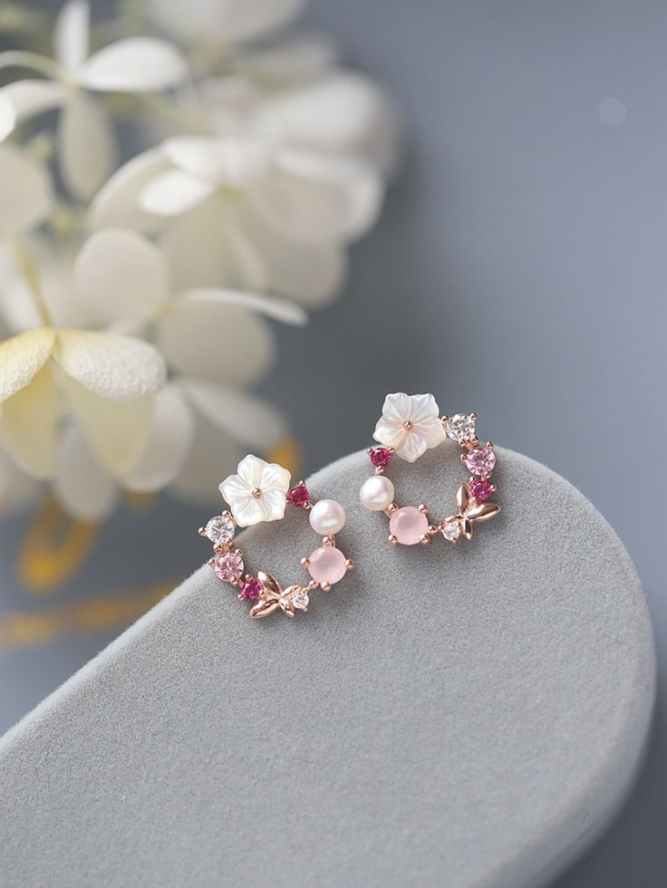 Floral Pearl Butterfly Rose Gold Earrings for women