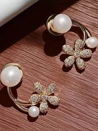 Gold Finish Curved Pearl Flower Stud Earrings